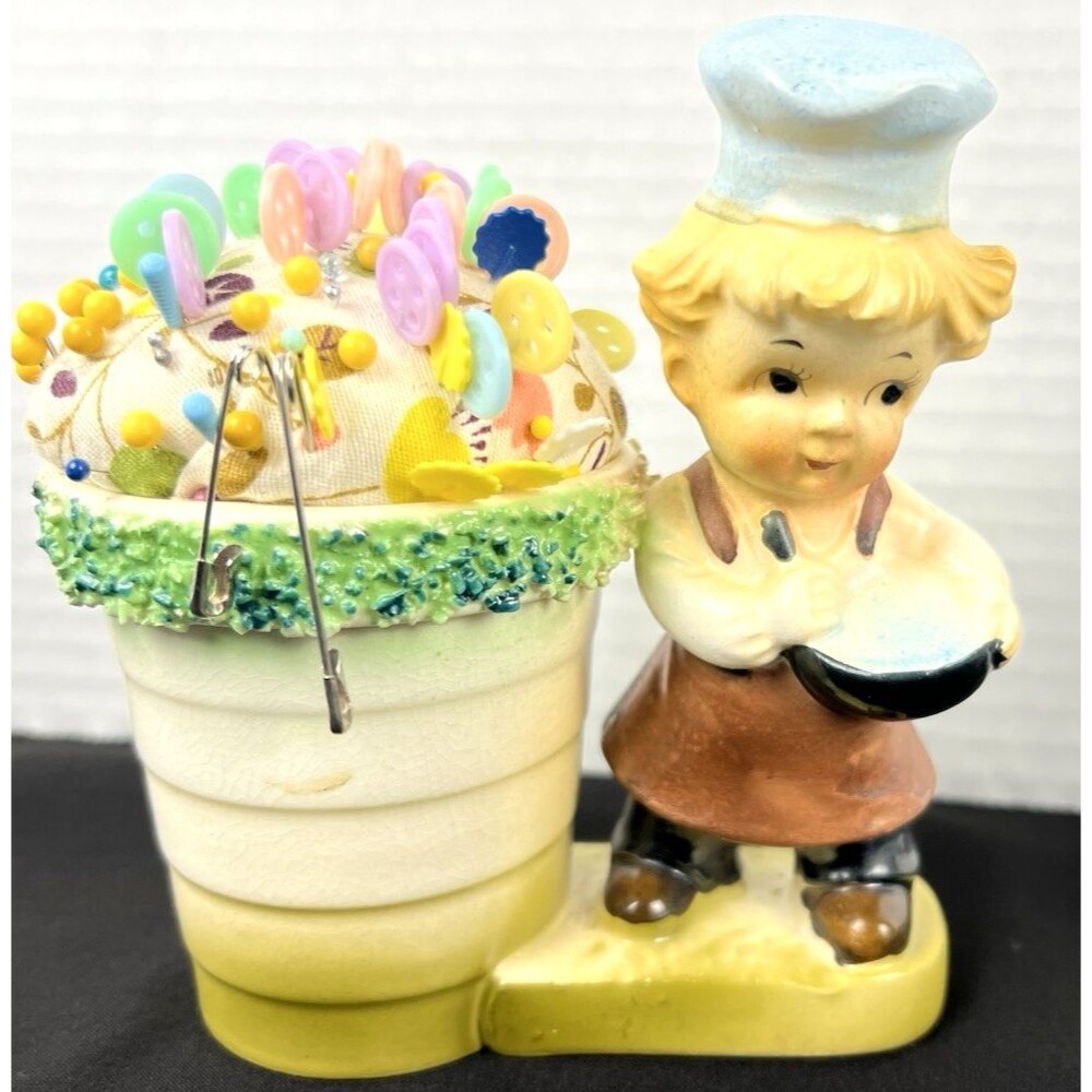 Vintage Occupied Japan Little Boy Planter / Pin Cushion ~ Holding Mixing Bowl